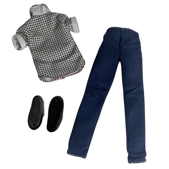 Barbie Fashionista Ken Doll Outfit Checkered Shirt Pink Bow Tie Jeans Shoes Vtg - Picture 3 of 3